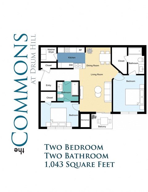 Two Bedroom Two Bathroom Floor Plan Image 1043 SqFt